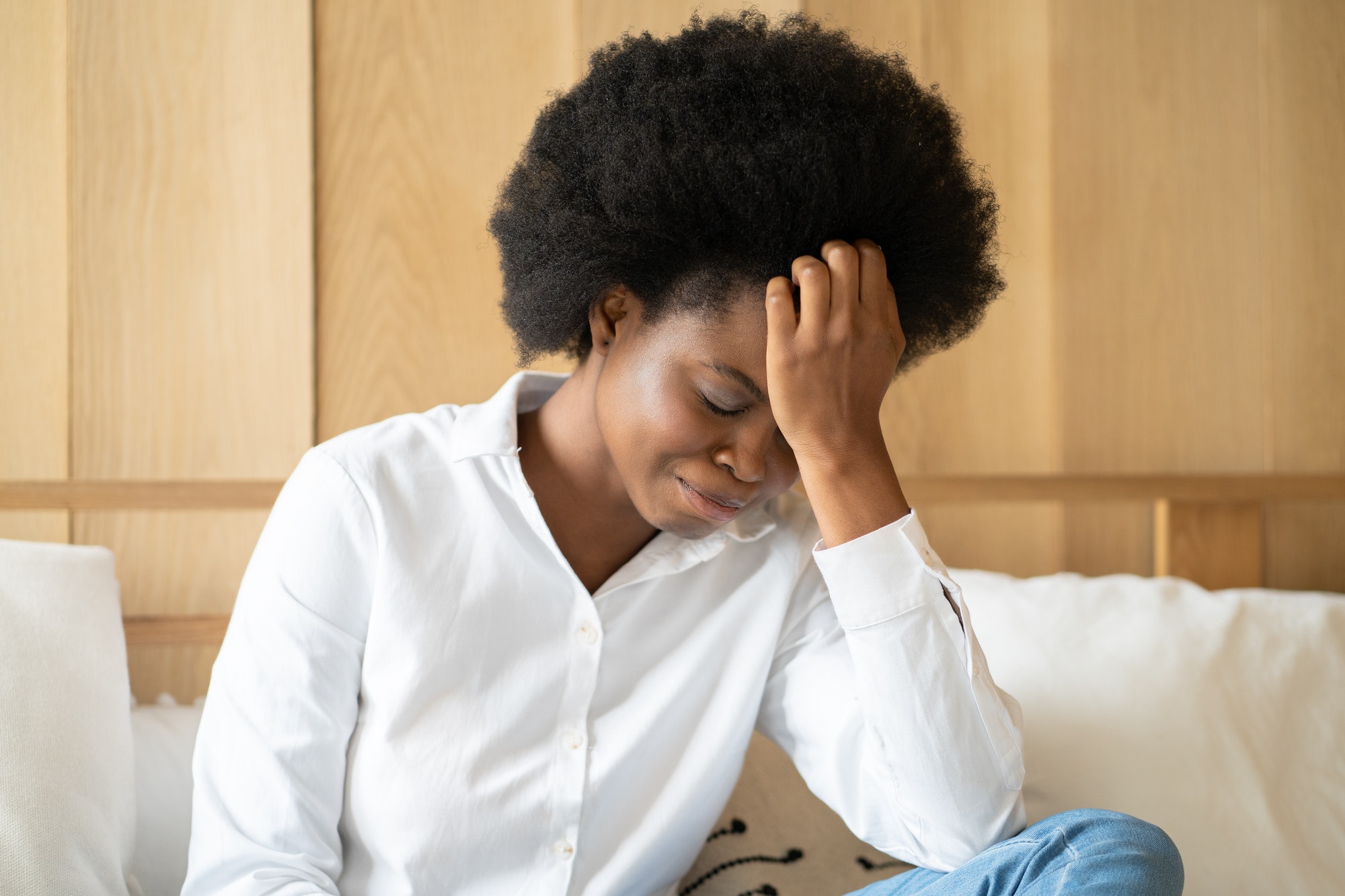 Lonely Black woman having depression, suffer from grief, panic attack, psychological troubles